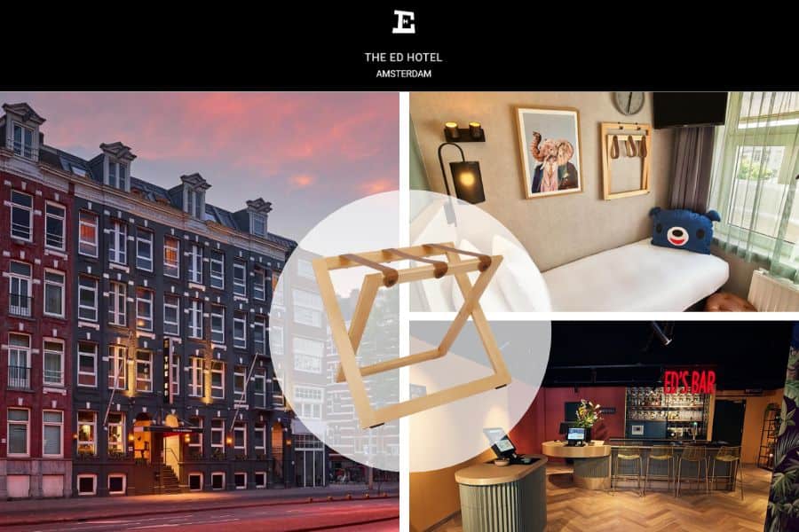 Suitcase holder made of natural beech wood at The ED hotel Amsterdam in the Netherlands