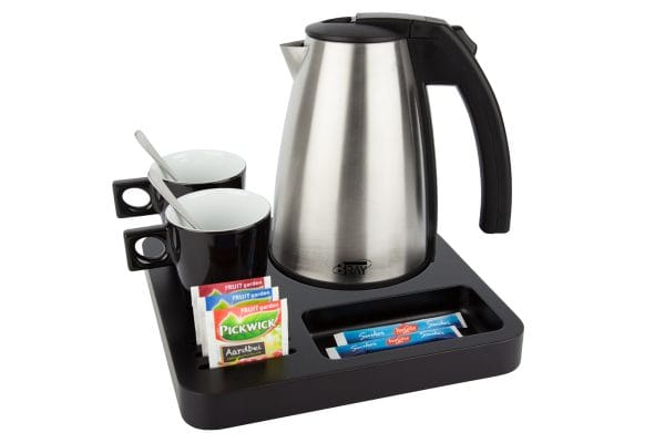 Compact hotel tray for coffee and tea with 1L kettle and black cups