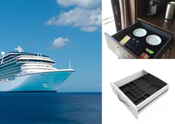 Tray for coffee and tea amenities in drawer, specially designed for cruise ship