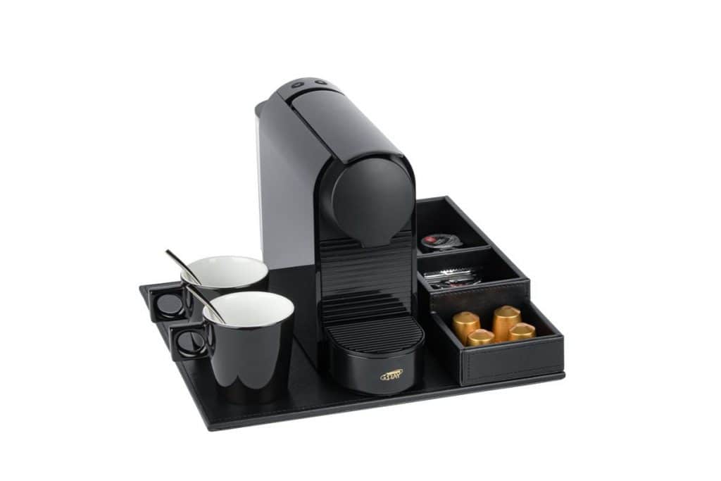 Faux leather welcome tray in black colour with black coffee machine and black coffee cups