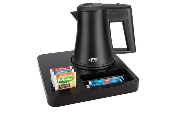Ultra compact welcome tray with black water kettle