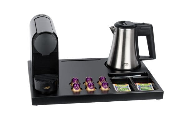 Hospitality tray for coffee machine made of black brown MDF wood with a black hotel coffee machine and brushed stainless steel hotel kettle
