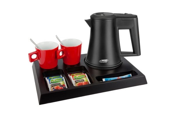 Wooden welcome tray of black brown MDF with black eco-friendly kettle and red cups
