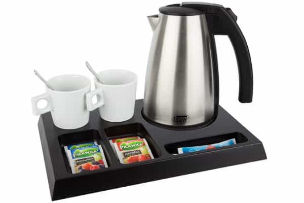 Wooden hospitality tray in black brown colour with 1L hotel kettle and 2 white cups