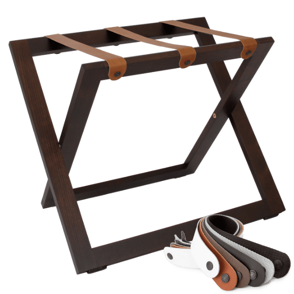 Walnut coloured luggage holder for hotels with 3 cognac / brown leather straps