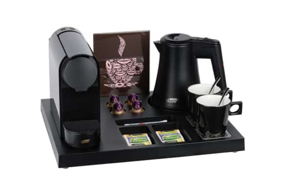 Hotel welcome tray B-TRAY SIESTA with black coffee machine, kettle, cups and A5 brochure holder
