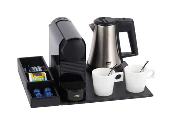 Faux leather hospitality tray B-TRAY SNAP with coffee machine, kettle and white cups