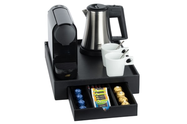 PU leather welcome tray B-TRAY SPACE with coffee machine, water kettle and coffee cups