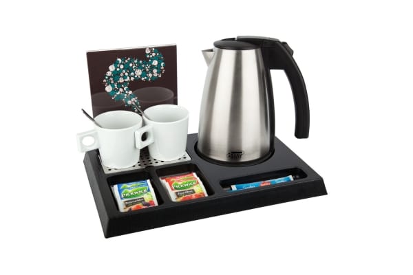 Hotel welcome tray B-TRAY STAY with cups, kettle and brochure holder for hotel rooms